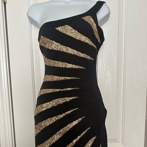 bebe Black and Gold Sequin One-Shoulder Dress